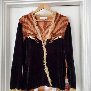 THAT SWEATER Womens Lepard Tiger Print Sweater Jacket Sz Large Black Rust Brown